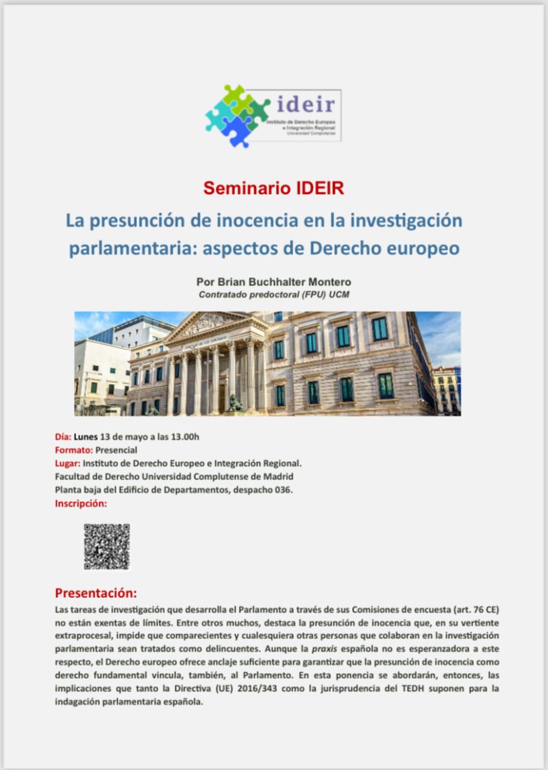 II Seminario de Jóvenes Investigadores IDEIR": La presunción de inocencia en la investigación parlamentaria: aspectos de Derecho europeo (13 mayo 2024)